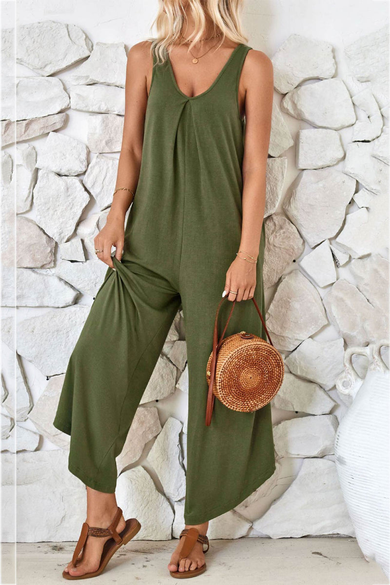 V Neck Irregular Hem Cotton Jumpsuits