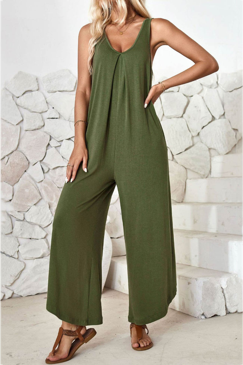 V Neck Irregular Hem Cotton Jumpsuits