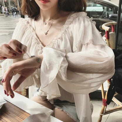 See Through Mesh Ruffle Blouse