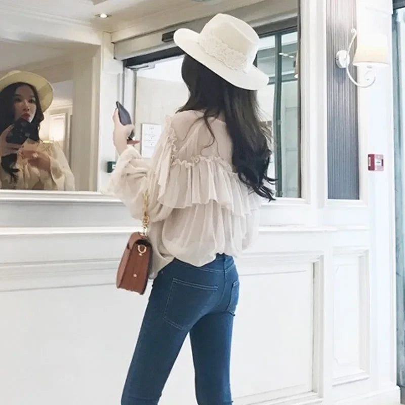See Through Mesh Ruffle Blouse