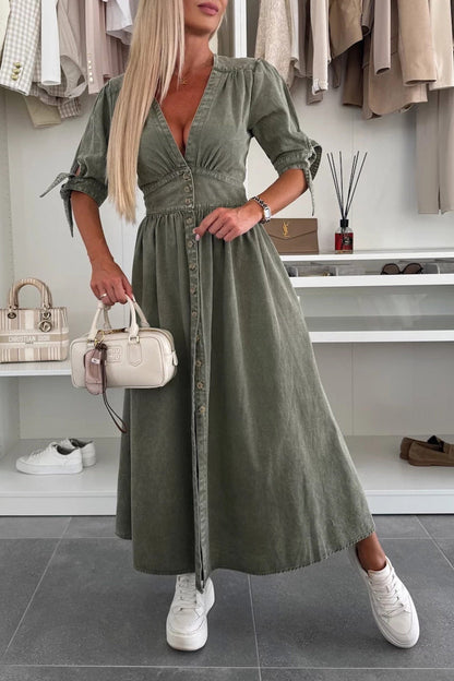 V-neck Single-breasted Denim Dress