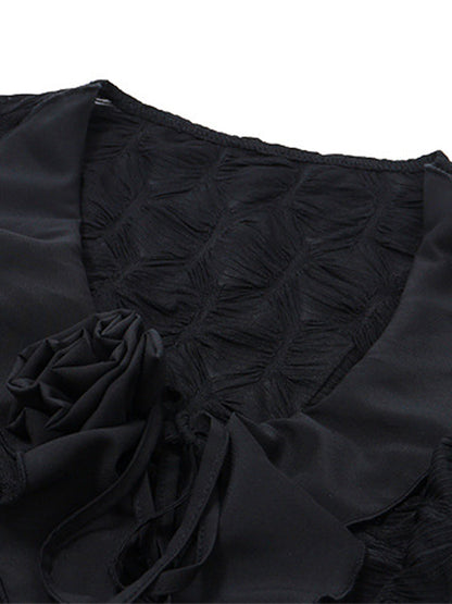 Black Tie Front Ruffles Flower Trim Long Sleeves Blouse