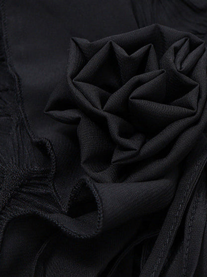 Black Tie Front Ruffles Flower Trim Long Sleeves Blouse
