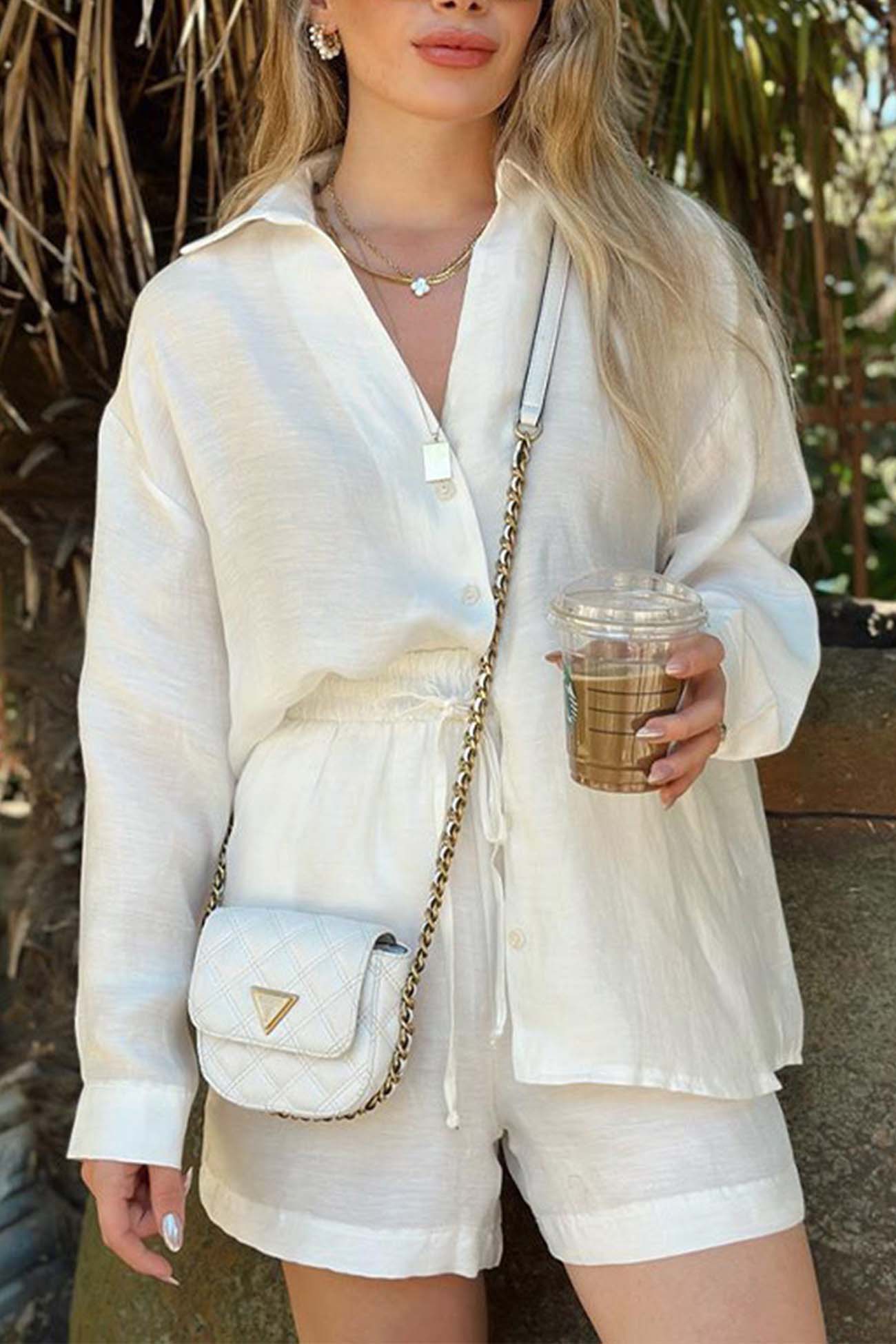 Color V Neck Shirt Drawstring Shorts Set