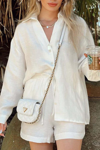 Color V Neck Shirt Drawstring Shorts Set