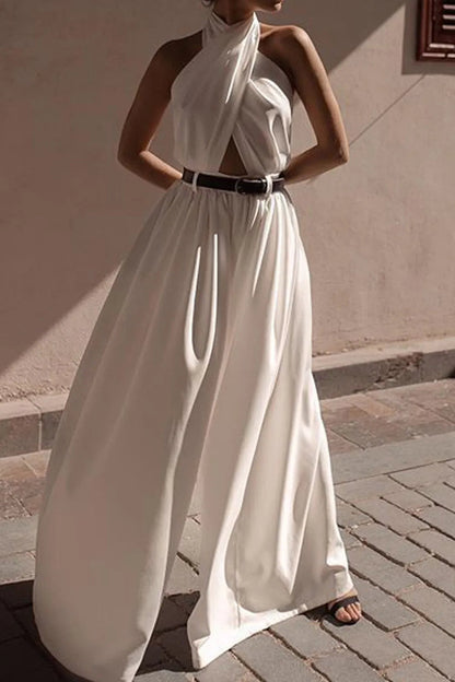 Valri White Criss Cross Halter Backless Jumpsuit Without Belt