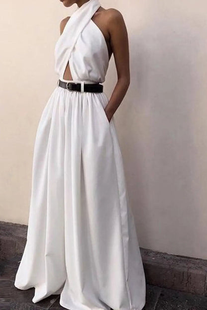 Valri White Criss Cross Halter Backless Jumpsuit Without Belt