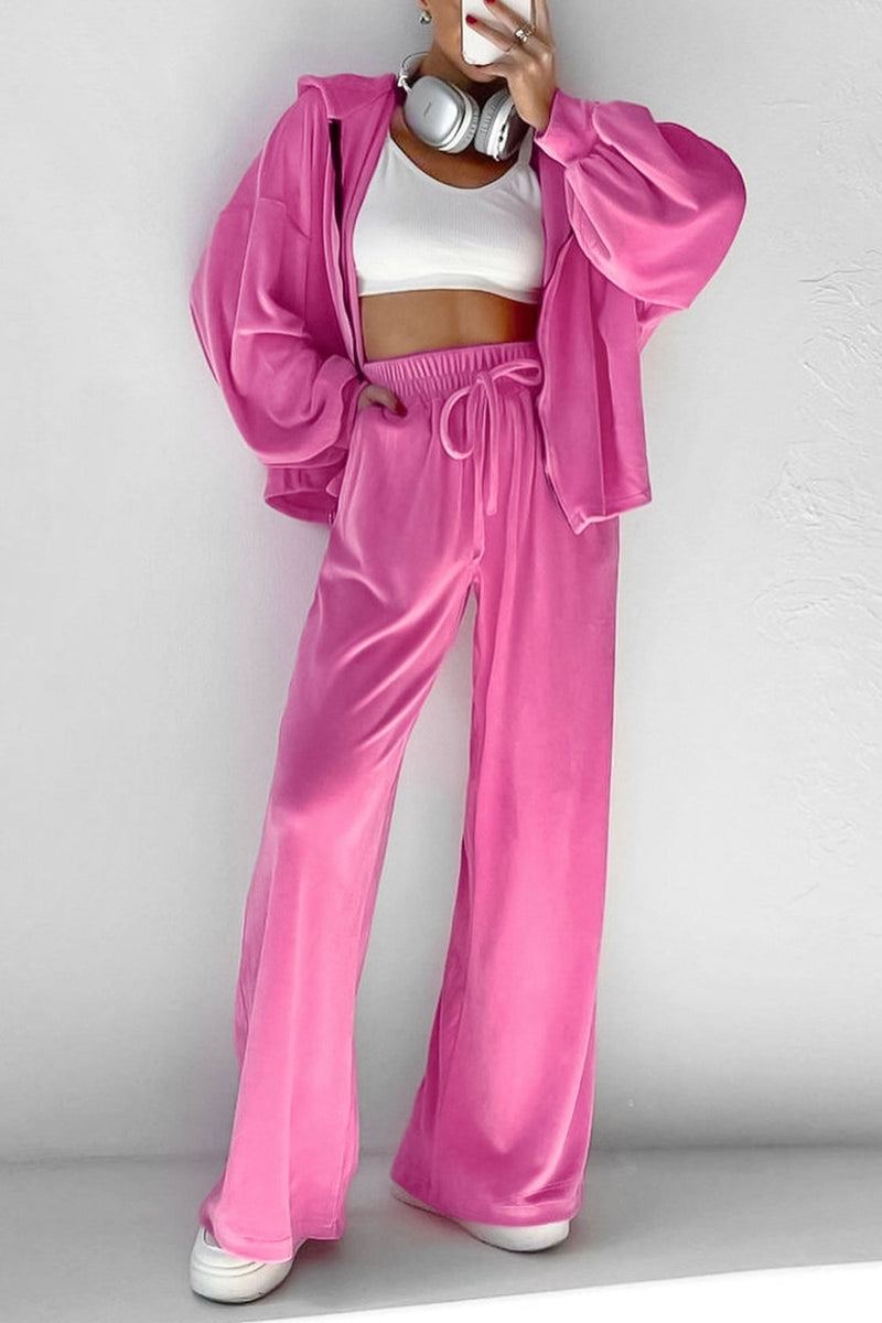 Velvet Hooded Zipper Two-piece Sweatpants Set