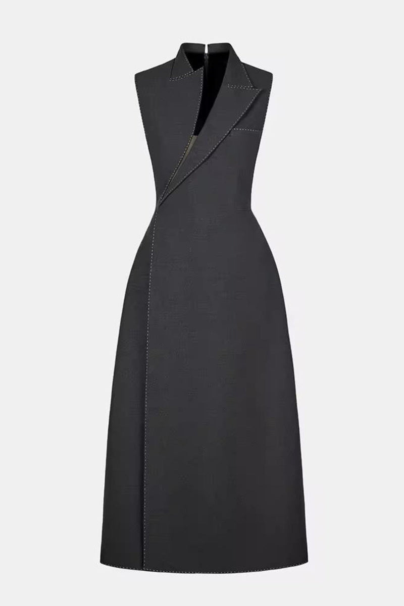 Vequa Asymmetric Collar Sleeveless Midi Dress - Grey