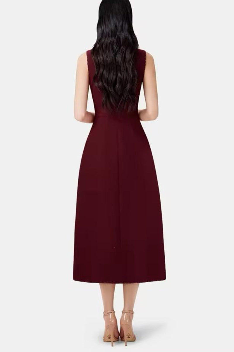 Vequa Asymmetric Collar Sleeveless Midi Dress - Wine