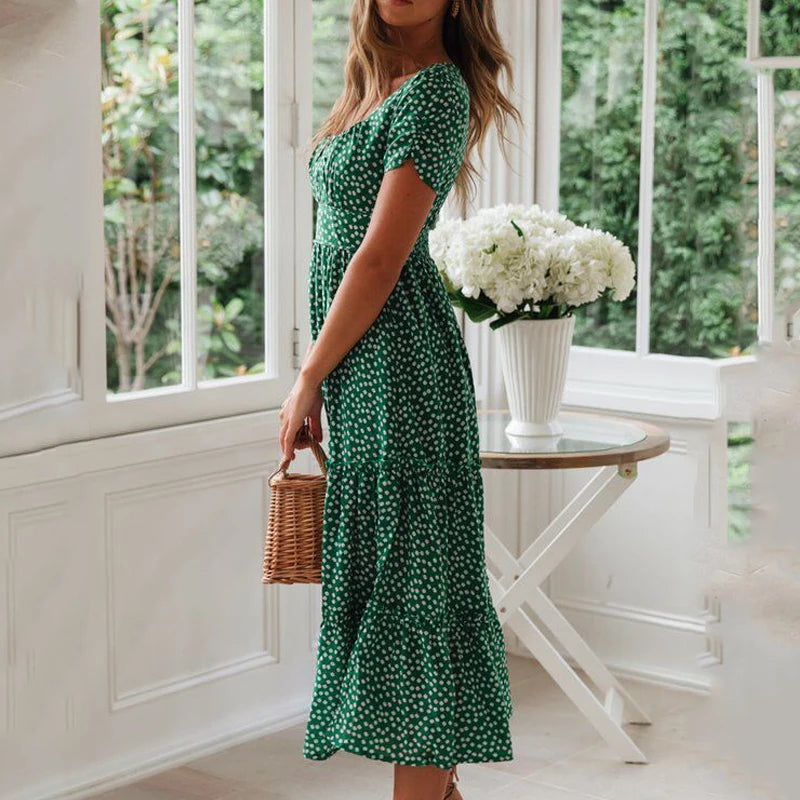 Vestidos Print Puff Sleeve Beach Sweet Square Maxi Long Festa Midi Dresses
