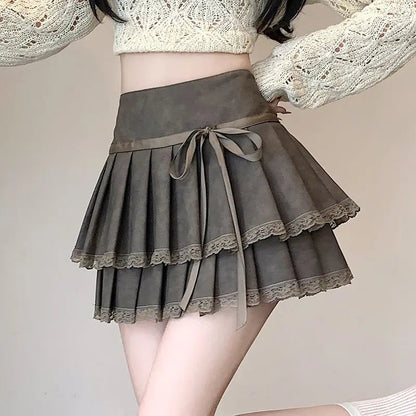 Bow Pleated Pu Skirt