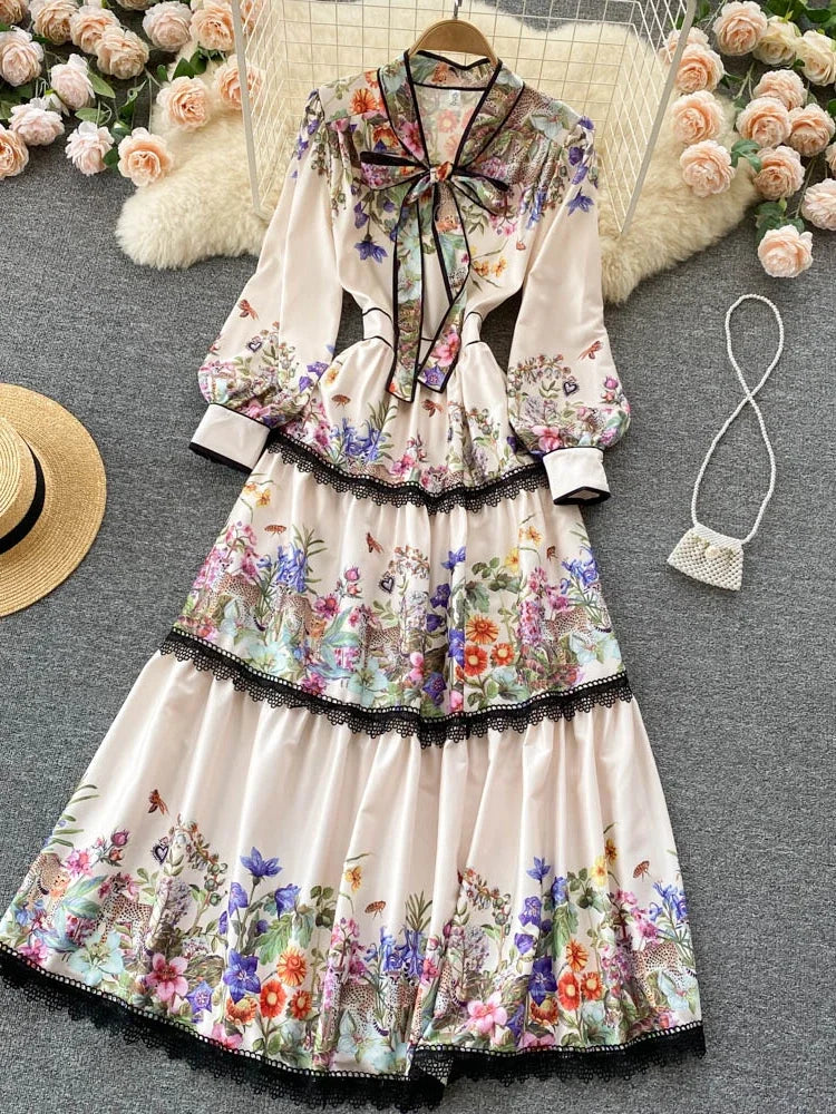 Long Dress Slim Printed Party Dresses Tie Bow Elastic Waist Lantern Long Sleeve Long Robe Vestidos
