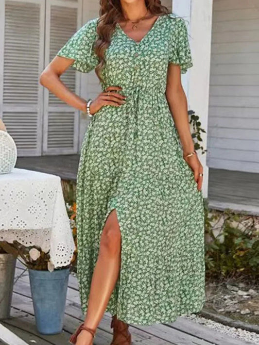 Loose New Slit Holiday Leisure Print Midi Dresses