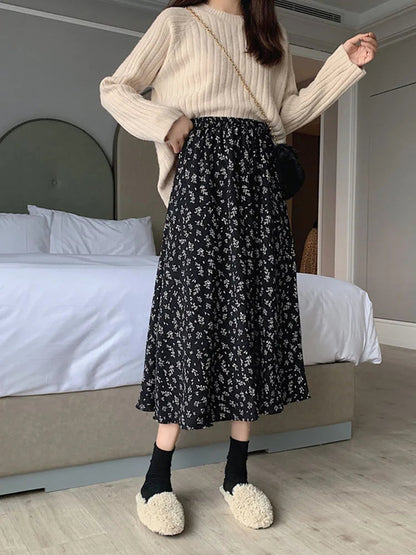 Dressbetty - Print A-line Pleated Drawstring Midi Skirt