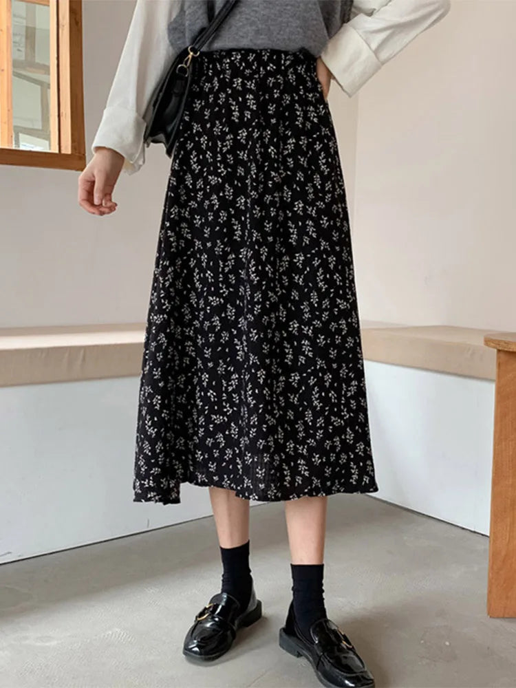 Dressbetty - Print A-line Pleated Drawstring Midi Skirt