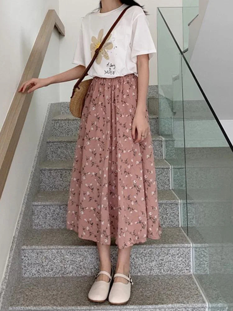 Dressbetty - Print A-line Pleated Drawstring Midi Skirt