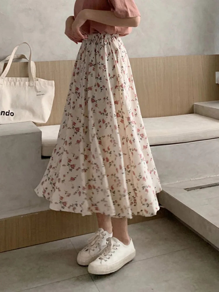 Dressbetty - Print A-line Pleated Drawstring Midi Skirt