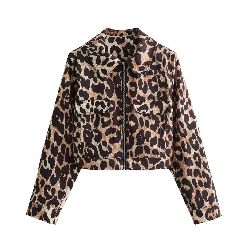 Leopard Print Bomber Lapel Long Zipper Loose Coat