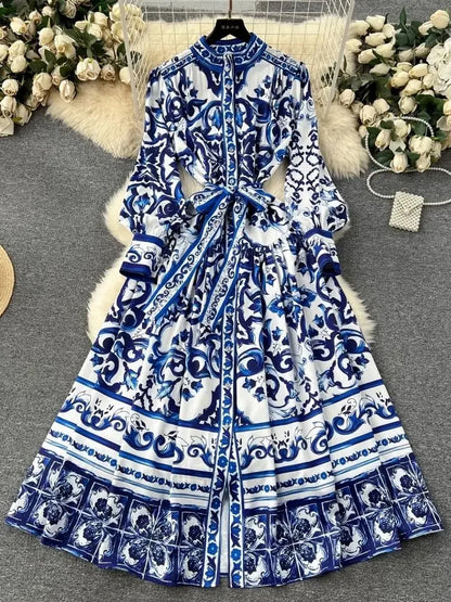 Long Dress Printing Long Sleeve Maxi Dresses Slim A-line High Waisted Bandage Long Robe Vestidos