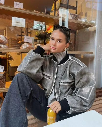 O-neck Zipper Loose Lantern Long Pocket Short Coat