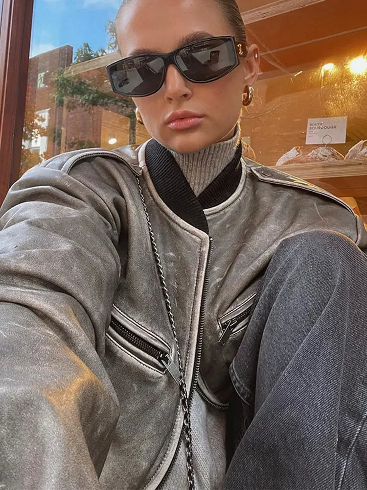 O-neck Zipper Loose Lantern Long Pocket Short Coat