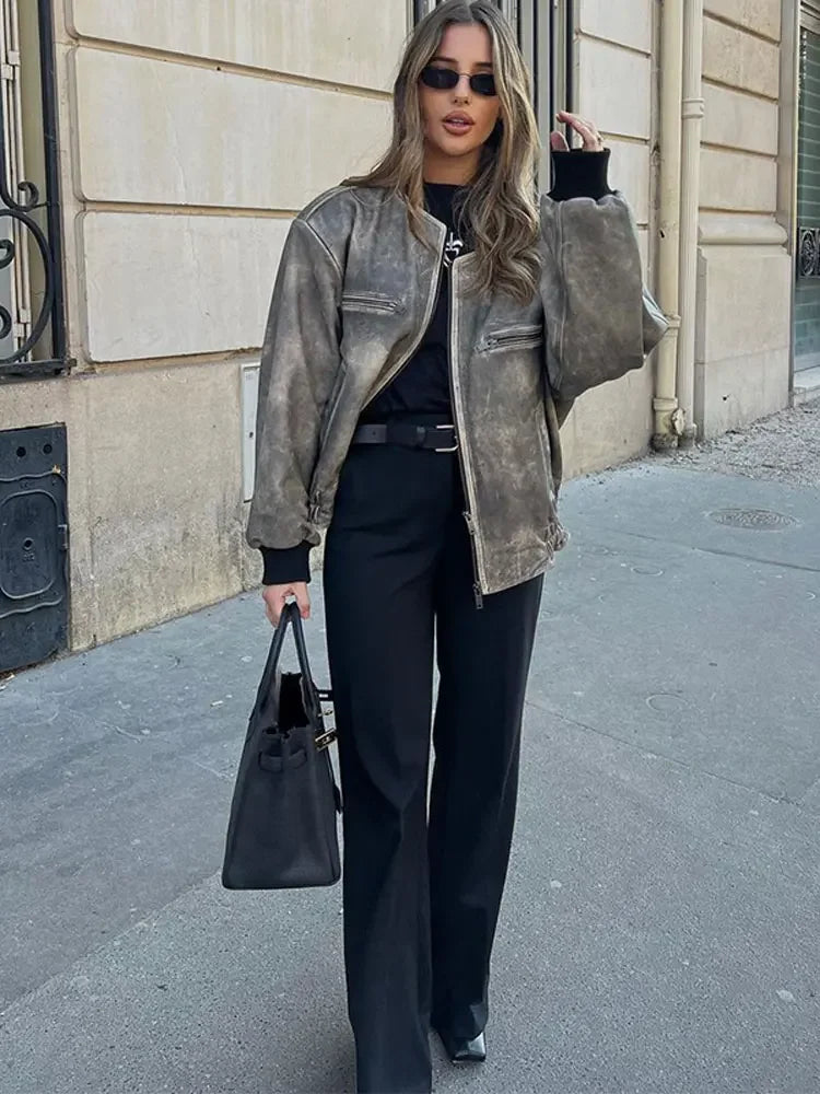 O-neck Zipper Loose Lantern Long Pocket Short Coat