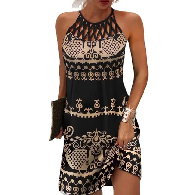 Print Halter Neck Mini Dresses Summer New Hollow Out O Neck Sleeveless Dress Lady Commuting Short Vestidos