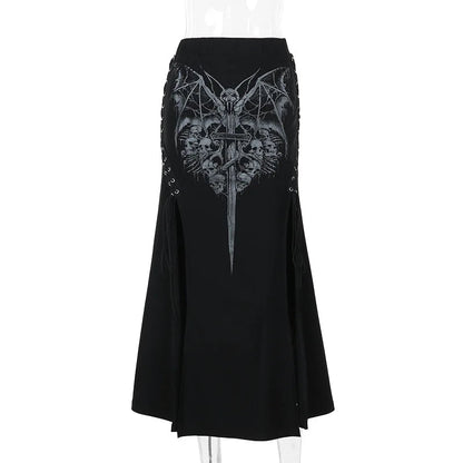 Print High Waist Mermaid Maxi Gothic Long Gothic Print High-slit Skirt