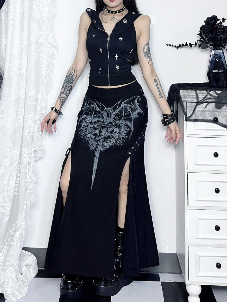 Print High Waist Mermaid Maxi Gothic Long Gothic Print High-slit Skirt