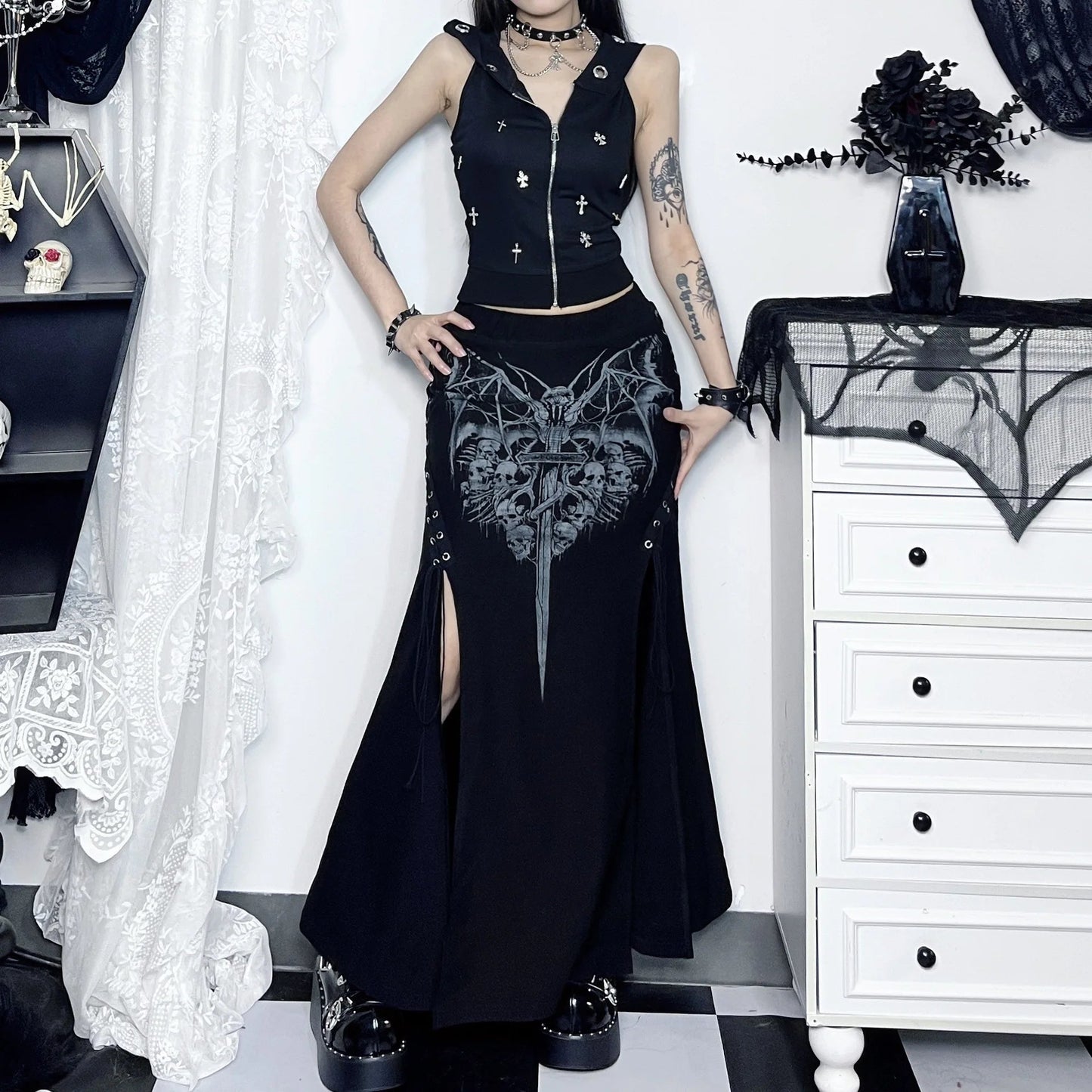 Print High Waist Mermaid Maxi Gothic Long Gothic Print High-slit Skirt
