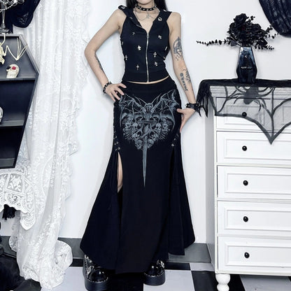 Print High Waist Mermaid Maxi Gothic Long Gothic Print High-slit Skirt