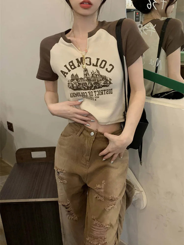 Printed T-shirts Slim V-neck Crop Top Y2k Aesthetic Short Sleeve Grunge Tee Korean Version Pullovers