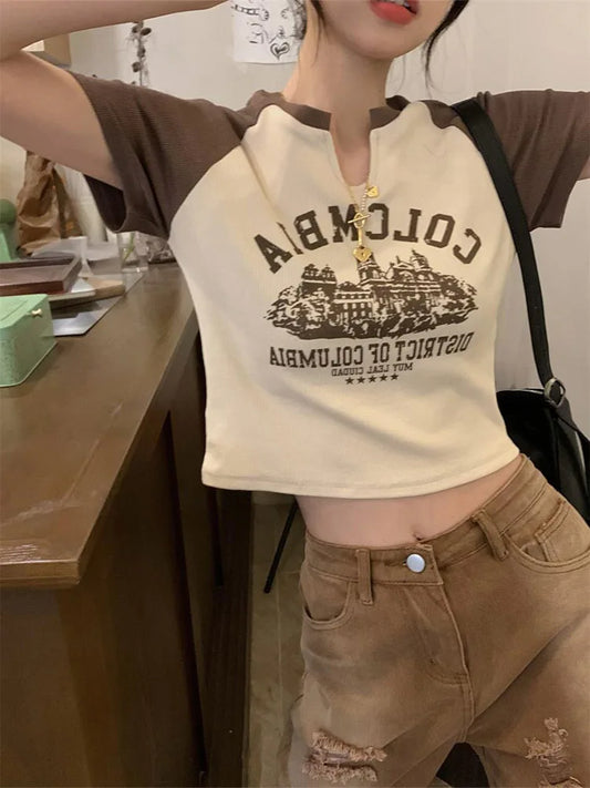 Printed T-shirts Slim V-neck Crop Top Y2k Aesthetic Short Sleeve Grunge Tee Korean Version Pullovers