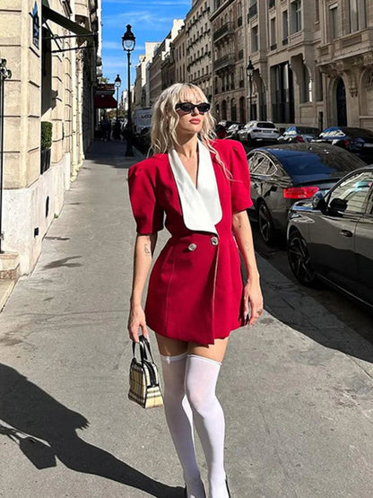 Red Button Mini Dress With V Neck - A-line Christmas Party Dress