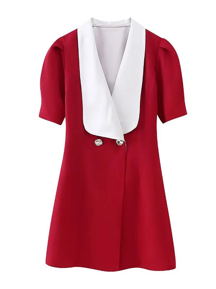Red Button Mini Dress With V Neck - A-line Christmas Party Dress