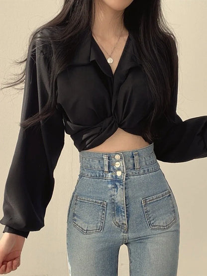 Harajuku Blouse Crop Top Korean Style Trends Black White Long Sleeve Shirt Female Tunic
