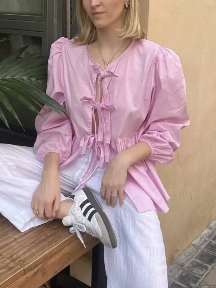 Puff Sleeve Bow Button Blouse
