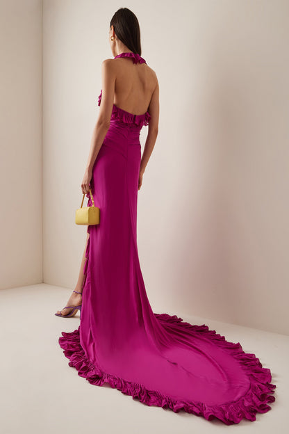 V-neck Sleeveless Backless Slit Ruffle Hem Maxi Dress