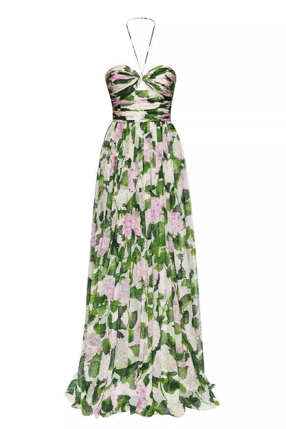 Off-shoulder Halter Neck Pleat Maxi Dress
