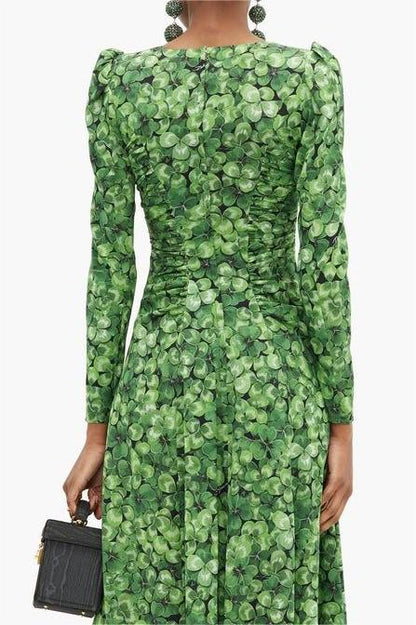 Botanical Print Long Sleeve Round Neck Maxi Dress