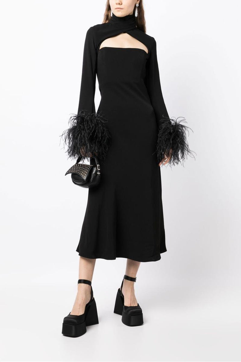 Feather High Neck Midi Dress Black