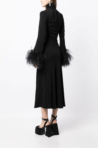 Feather High Neck Midi Dress Black