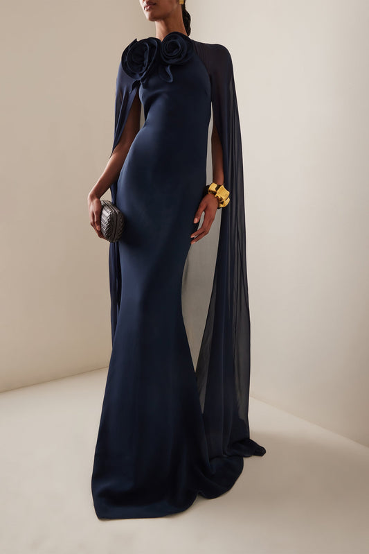 3d Flower Chiffon Cape Maxi Dress