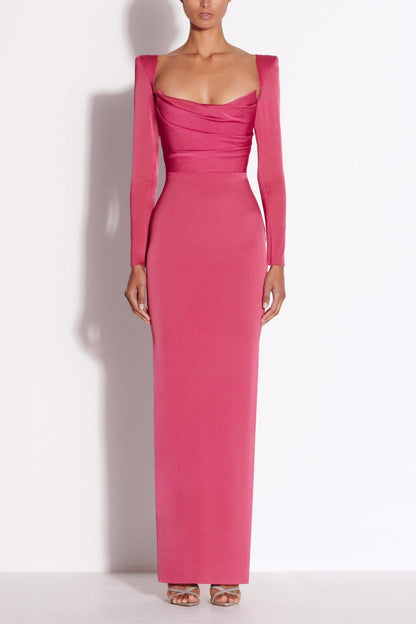Satin Square Collar Long Sleeve Maxi Dress