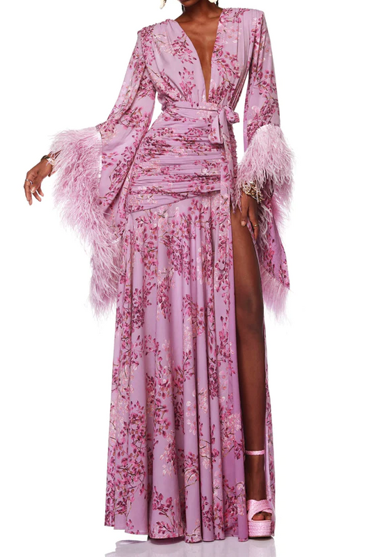 Feather Long Sleeve Split Maxi Dress