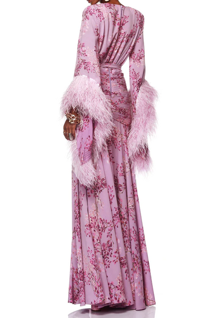 Feather Long Sleeve Split Maxi Dress