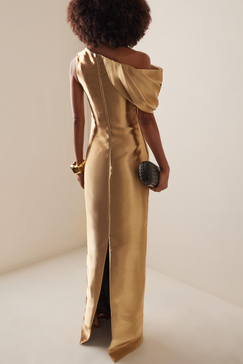 Satin Asymmetrical Neck Maxi Dress