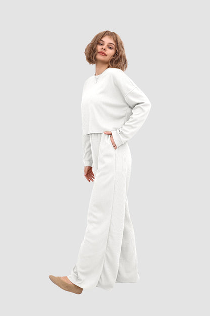 Waffle Pullover Top & Knit Wide Pants