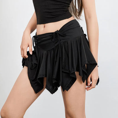 Gothic Irregular Color Drawstring Tie-up Ruched Ruffles Mini Summer Skirt